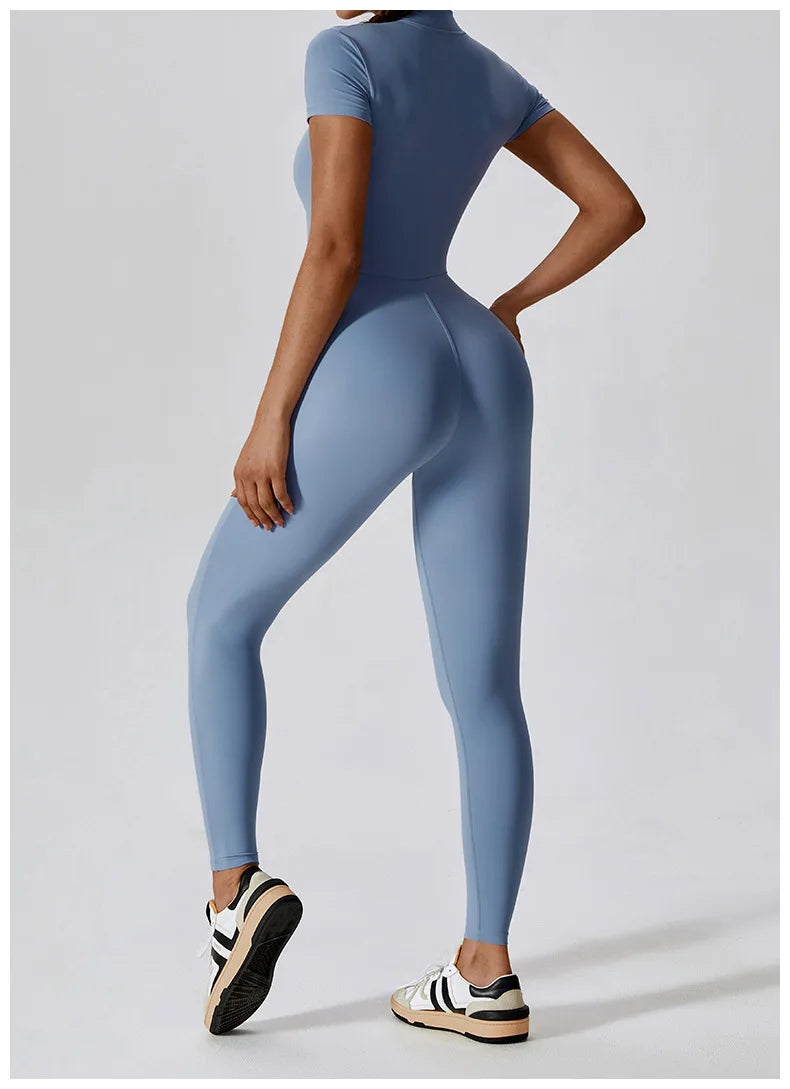 Short-Sleeve Zip-Front Sculpt Jumpsuit - Step In. Zip Up. Go.