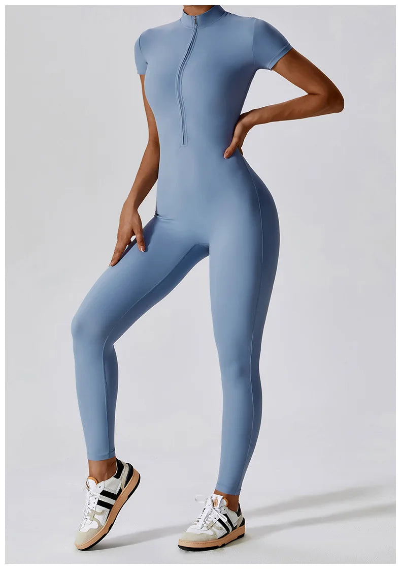 Short-Sleeve Zip-Front Sculpt Jumpsuit - Step In. Zip Up. Go.