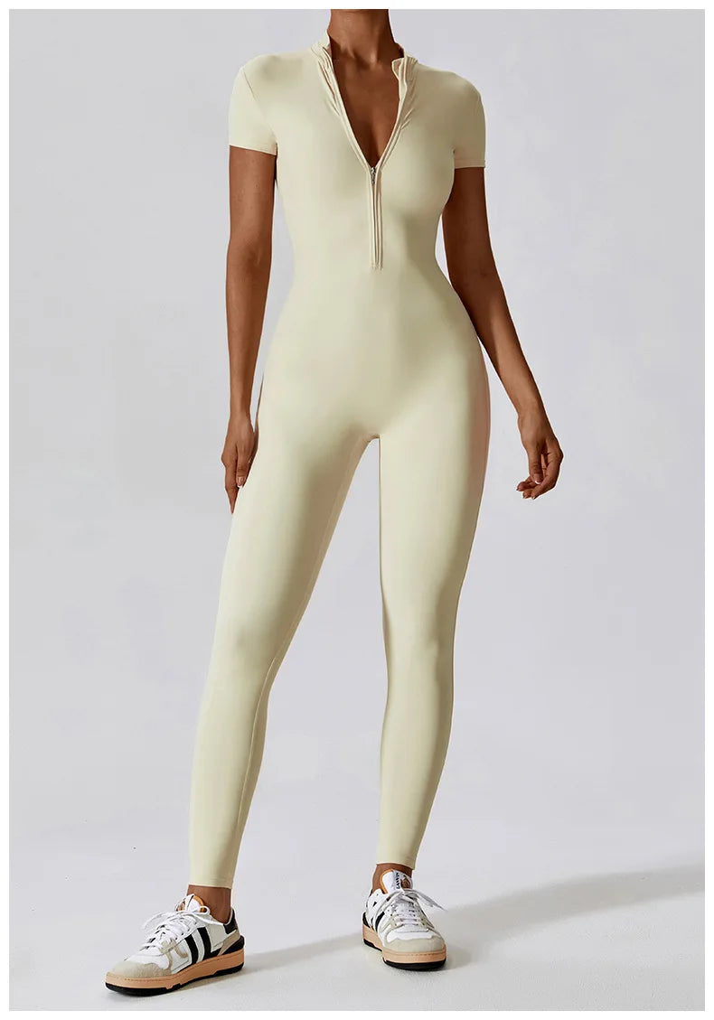Short-Sleeve Zip-Front Sculpt Jumpsuit - Step In. Zip Up. Go.