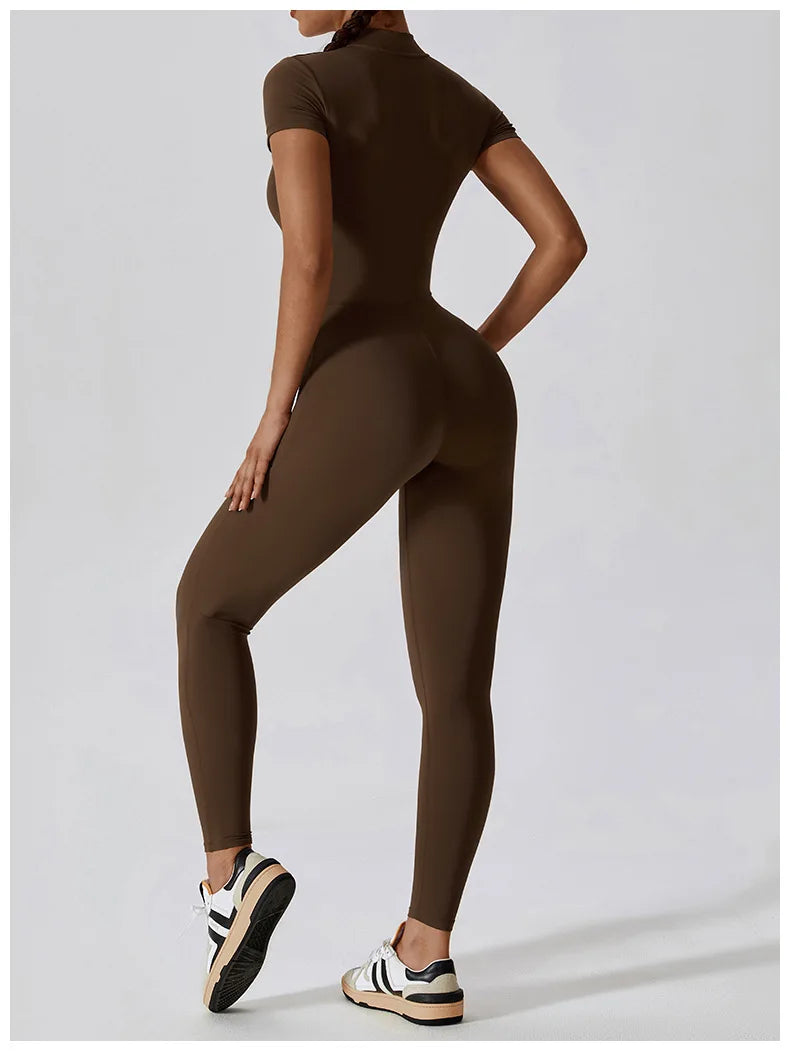 Short-Sleeve Zip-Front Sculpt Jumpsuit - Step In. Zip Up. Go.