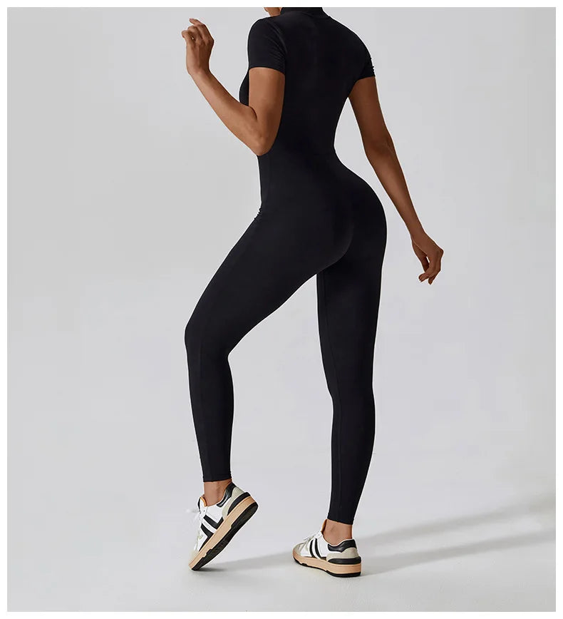 Short-Sleeve Zip-Front Sculpt Jumpsuit - Step In. Zip Up. Go.