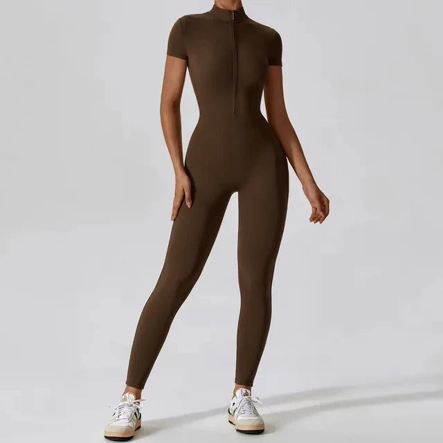 Short-Sleeve Zip-Front Sculpt Jumpsuit - Step In. Zip Up. Go.