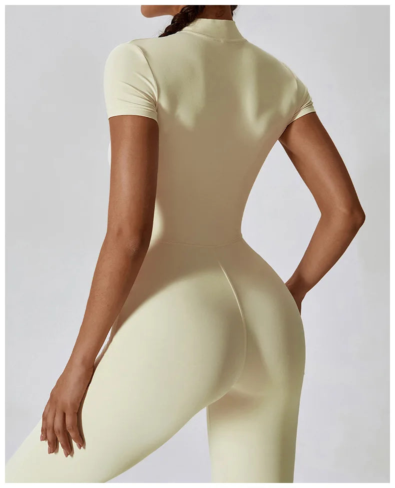 Short-Sleeve Zip-Front Sculpt Jumpsuit - Step In. Zip Up. Go.