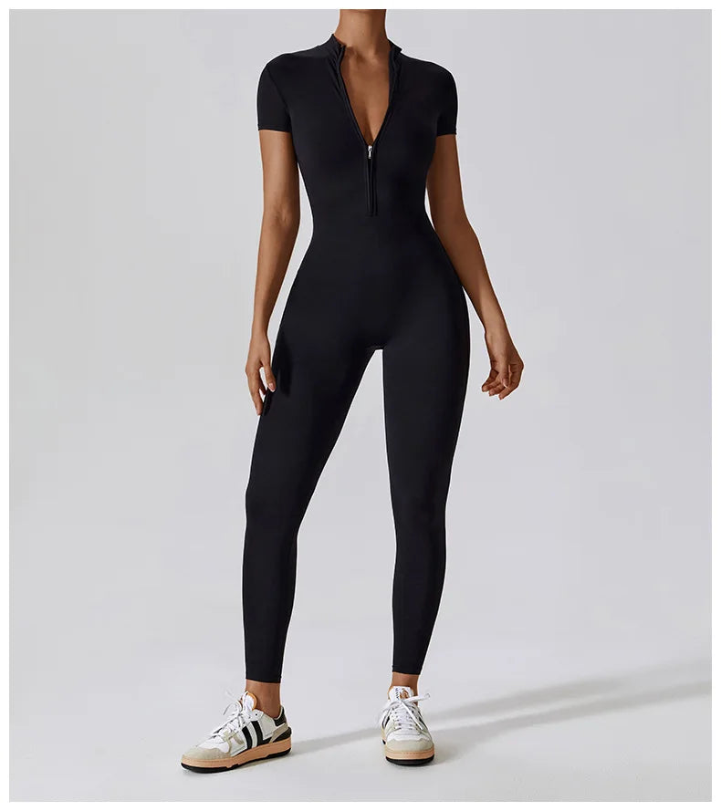 Short-Sleeve Zip-Front Sculpt Jumpsuit - Step In. Zip Up. Go.