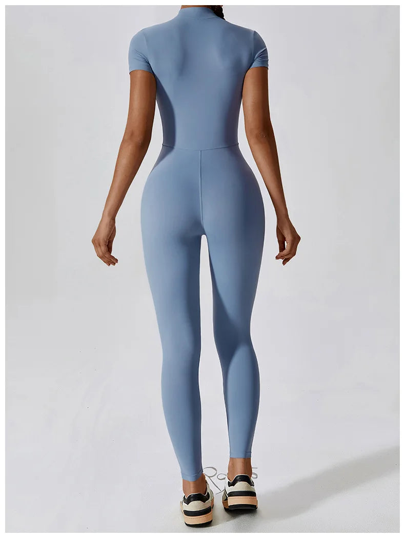 Short-Sleeve Zip-Front Sculpt Jumpsuit - Step In. Zip Up. Go.