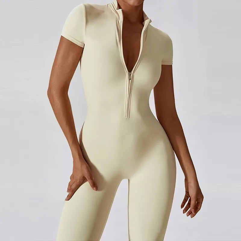 Short-Sleeve Zip-Front Sculpt Jumpsuit - Step In. Zip Up. Go.