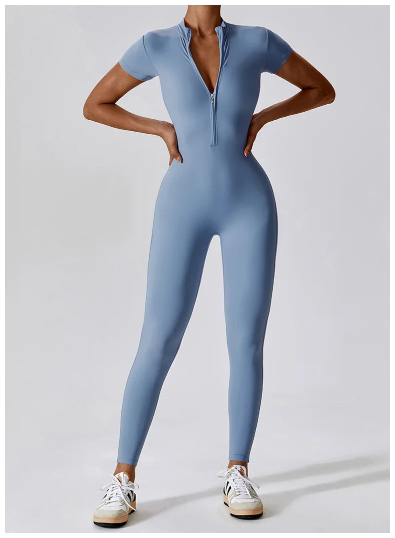 Short-Sleeve Zip-Front Sculpt Jumpsuit - Step In. Zip Up. Go.