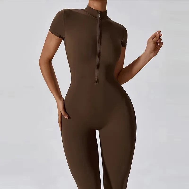 Short-Sleeve Zip-Front Sculpt Jumpsuit - Step In. Zip Up. Go.