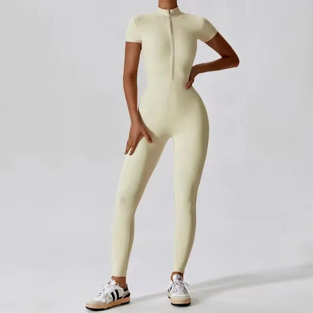 Short-Sleeve Zip-Front Sculpt Jumpsuit - Step In. Zip Up. Go.
