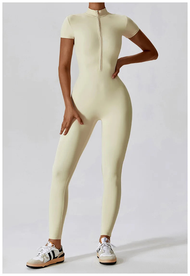 Short-Sleeve Zip-Front Sculpt Jumpsuit - Step In. Zip Up. Go.