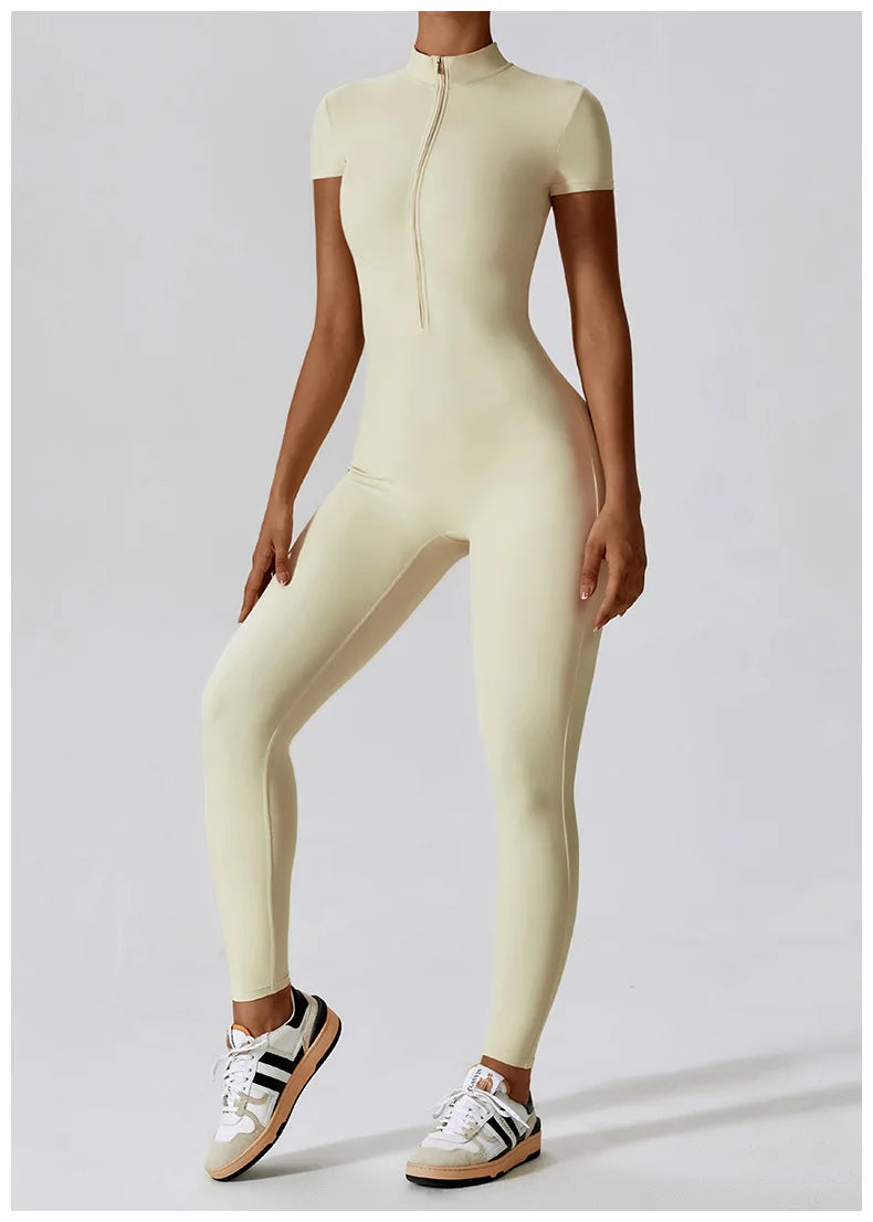 Short-Sleeve Zip-Front Sculpt Jumpsuit - Step In. Zip Up. Go.