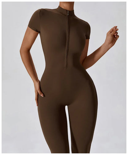 Short-Sleeve Zip-Front Sculpt Jumpsuit - Step In. Zip Up. Go.