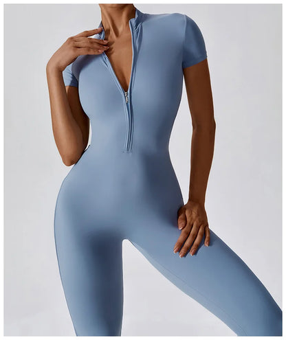 Short-Sleeve Zip-Front Sculpt Jumpsuit - Step In. Zip Up. Go.
