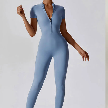 Short-Sleeve Zip-Front Sculpt Jumpsuit - Step In. Zip Up. Go.