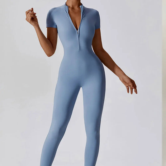 Short-Sleeve Zip-Front Sculpt Jumpsuit - Step In. Zip Up. Go.