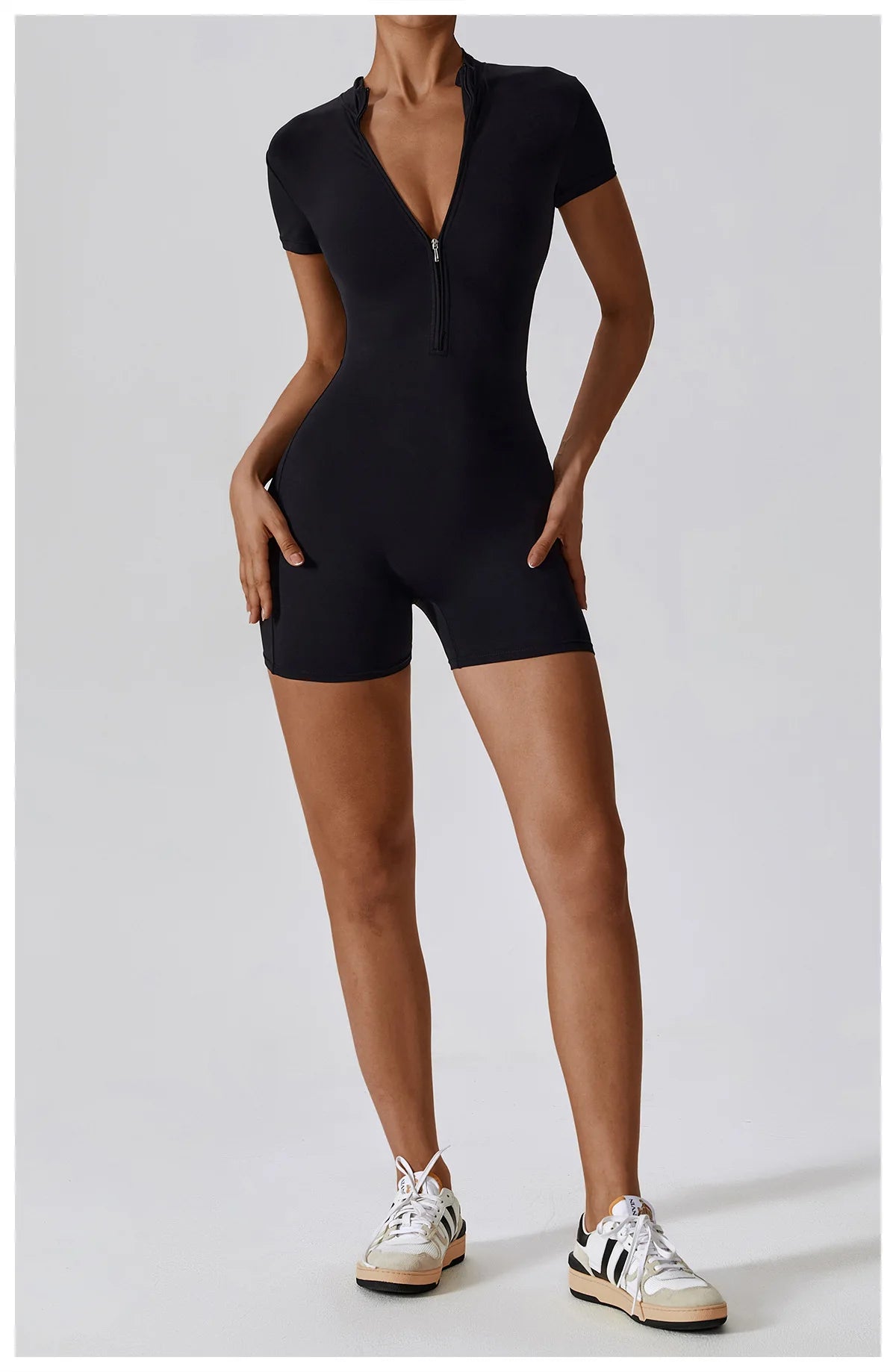 Short-Sleeve Zip-Front One-Piece - Zip In. Zone In.