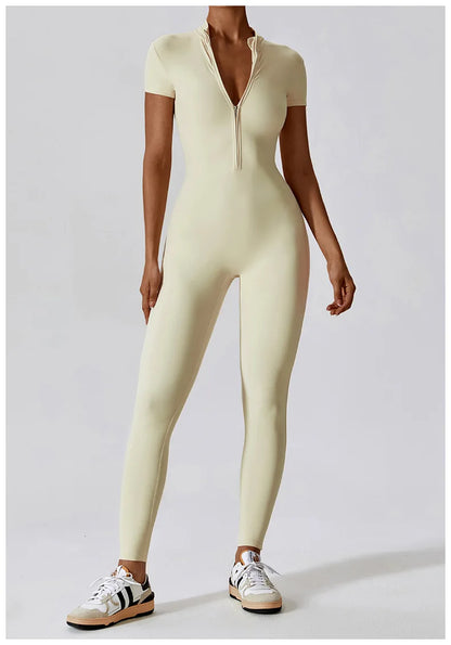 Short-Sleeve Zip-Front Sculpt Jumpsuit - Step In. Zip Up. Go.