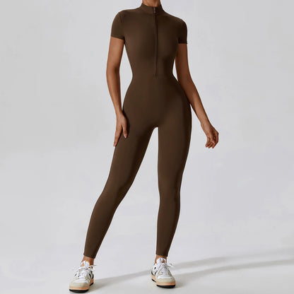 Short-Sleeve Zip-Front Sculpt Jumpsuit - Step In. Zip Up. Go.