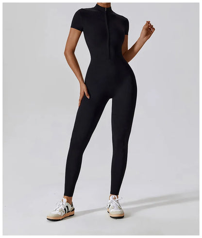Short-Sleeve Zip-Front Sculpt Jumpsuit - Step In. Zip Up. Go.