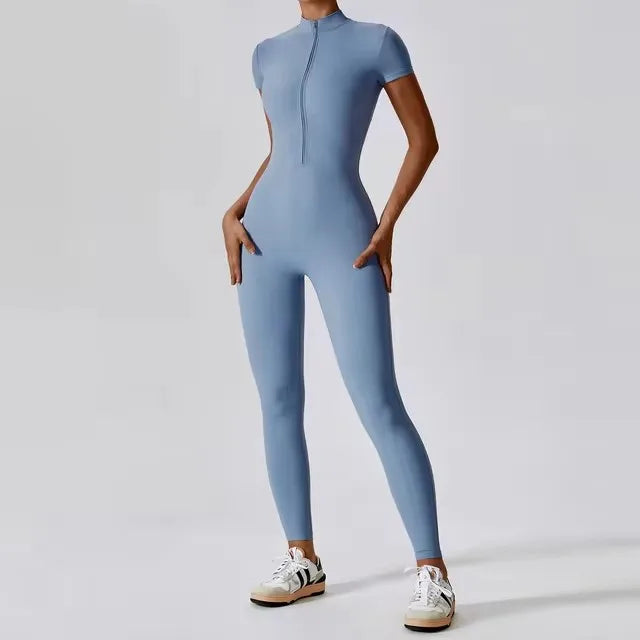 Short-Sleeve Zip-Front Sculpt Jumpsuit - Step In. Zip Up. Go.