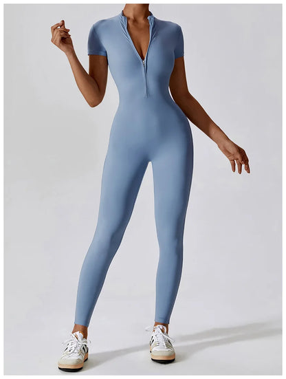 Short-Sleeve Zip-Front Sculpt Jumpsuit - Step In. Zip Up. Go.