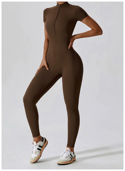 Short-Sleeve Zip-Front Sculpt Jumpsuit - Step In. Zip Up. Go.