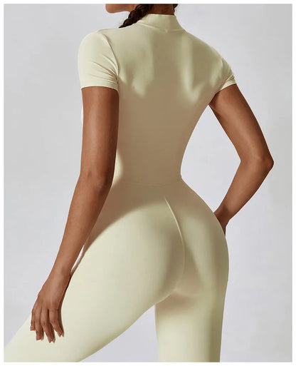 Short-Sleeve Zip-Front Sculpt Jumpsuit - Step In. Zip Up. Go.