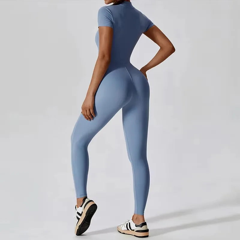 Short-Sleeve Zip-Front Sculpt Jumpsuit - Step In. Zip Up. Go.