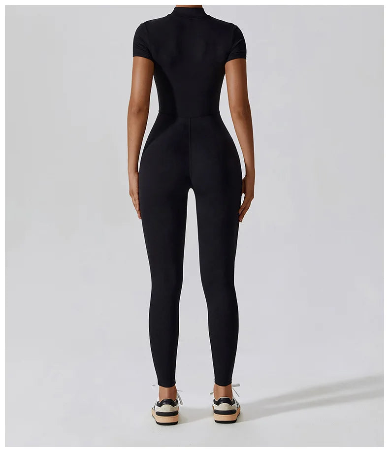 Short-Sleeve Zip-Front Sculpt Jumpsuit - Step In. Zip Up. Go.
