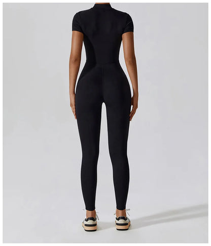Short-Sleeve Zip-Front Sculpt Jumpsuit - Step In. Zip Up. Go.
