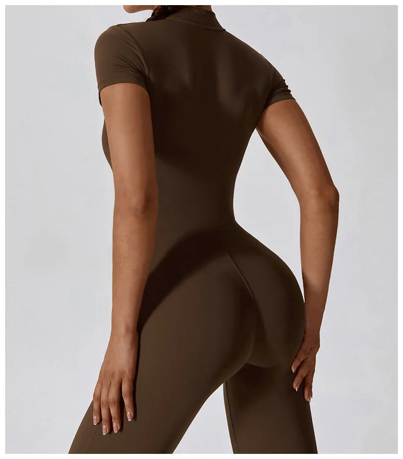 Short-Sleeve Zip-Front Sculpt Jumpsuit - Step In. Zip Up. Go.