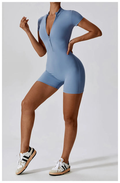 Short-Sleeve Zip-Front One-Piece - Zip In. Zone In.