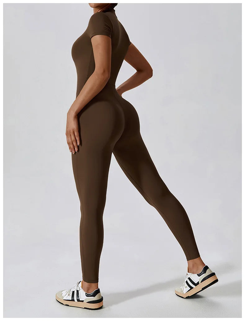 Short-Sleeve Zip-Front Sculpt Jumpsuit - Step In. Zip Up. Go.