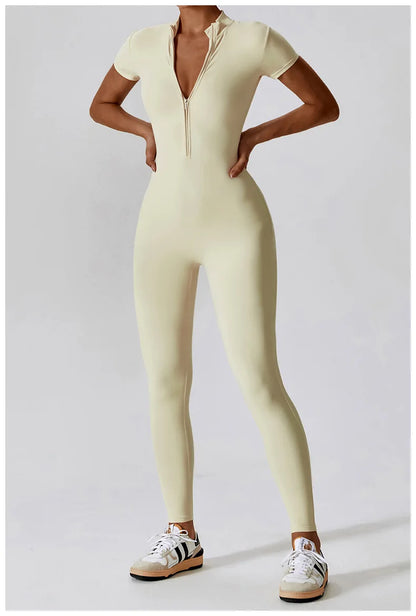 Short-Sleeve Zip-Front Sculpt Jumpsuit - Step In. Zip Up. Go.