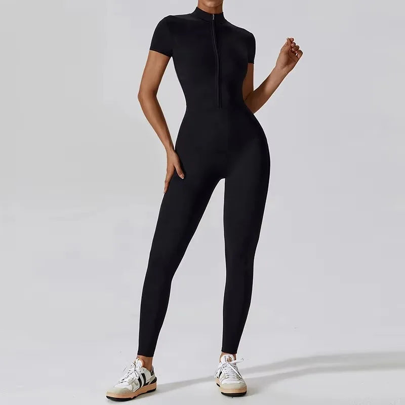 Short-Sleeve Zip-Front Sculpt Jumpsuit - Step In. Zip Up. Go.