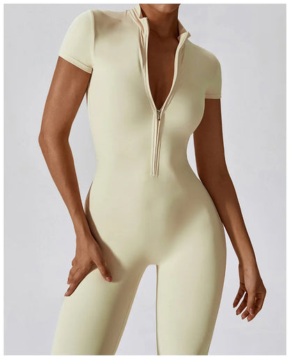 Short-Sleeve Zip-Front Sculpt Jumpsuit - Step In. Zip Up. Go.